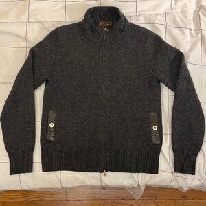 Loro Piana cashmere grey chunky cardigan sweater leather pocket detail gray